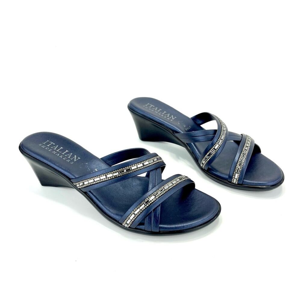 ITALIAN SHOEMAKERS NAVY BLUE RHINESTONE EMBELLISHED SLIDE-IN WEDGE STRAPY SANDAL